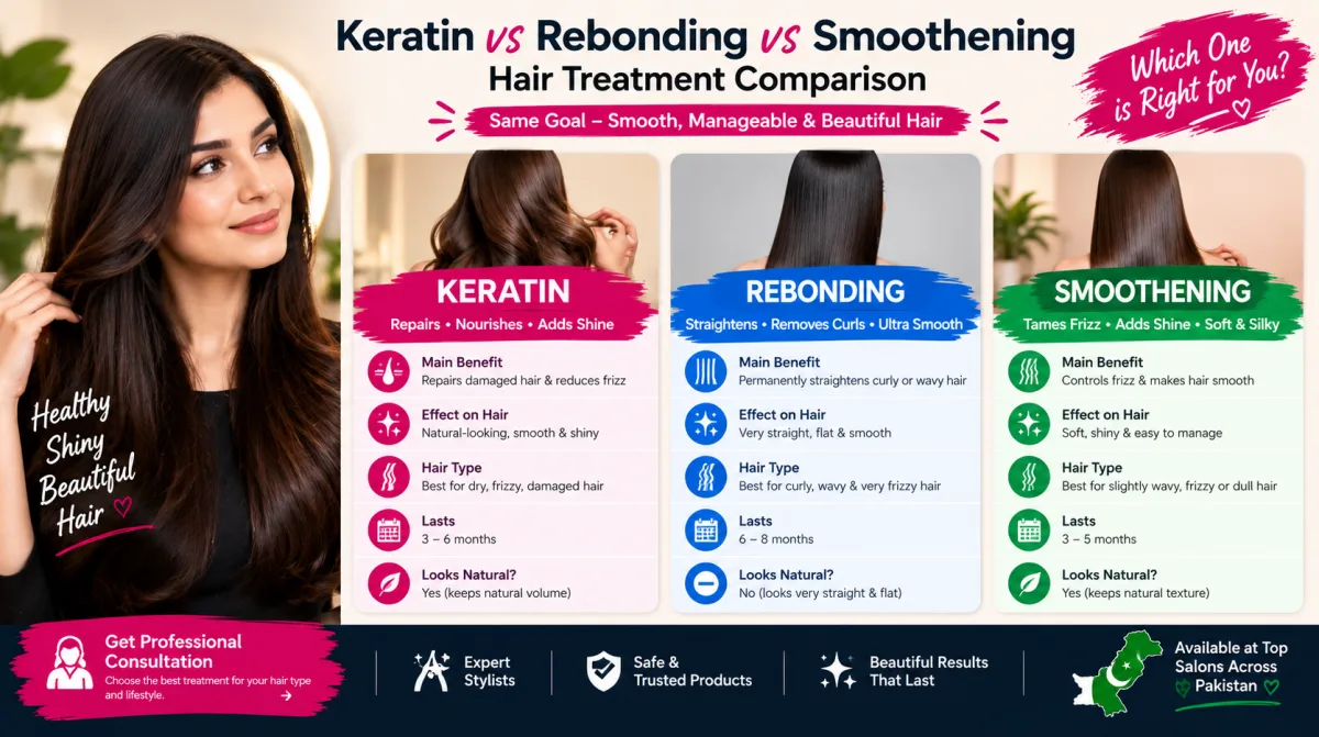 Keratin vs rebonding vs smoothening hair treatment comparison in Pakistan
